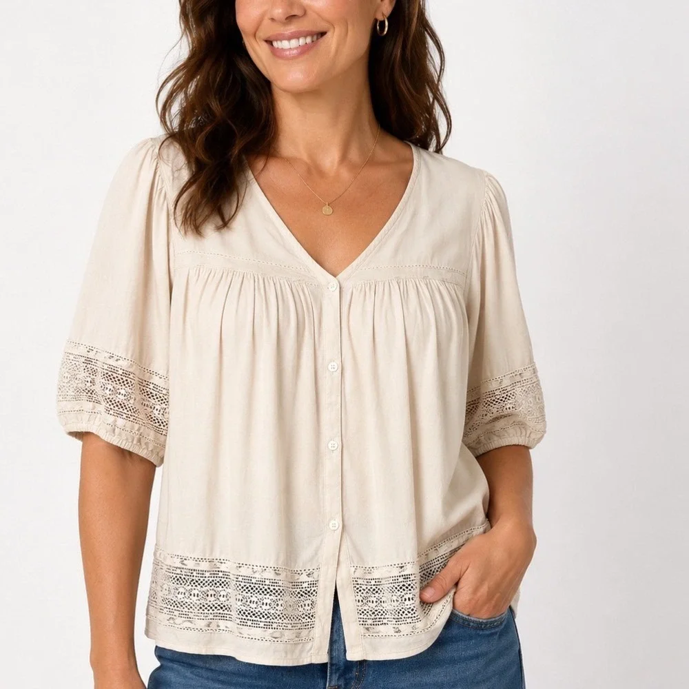 Old Navy XL Beige Boho Lace Trim Button Front Puff Sleeve Blouse Top
